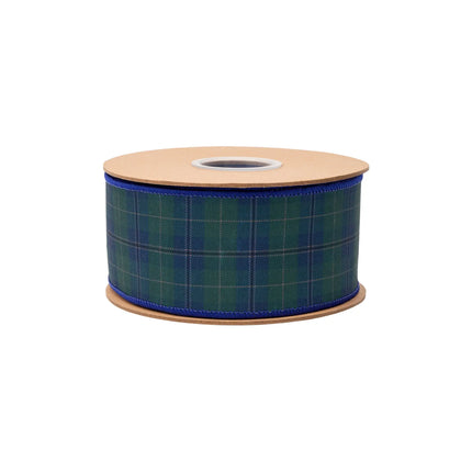 Blue green plaid wired dupioni ribbon, with vibrant blue reverse side for crafting