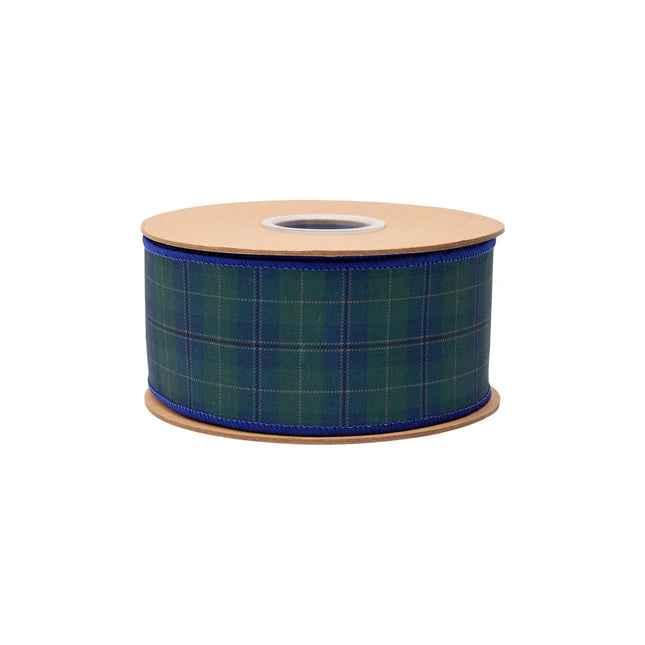 Blue green plaid wired dupioni ribbon, with vibrant blue reverse side for crafting