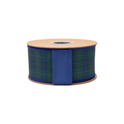 2 1/2" classic plaid wired ribbon, dupioni texture, blue and green check pattern with blue backing