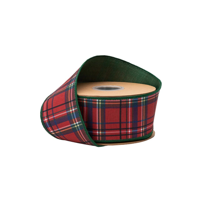 2 1/2" wired dupioni ribbon, red traditional plaid with green backing, ideal for holiday wreaths and gift wrapping