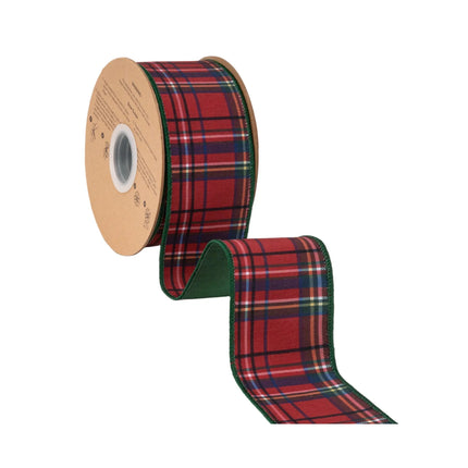 2 1/2" red plaid dupioni ribbon, wired edge, holiday tartan design with vibrant green backing for bows