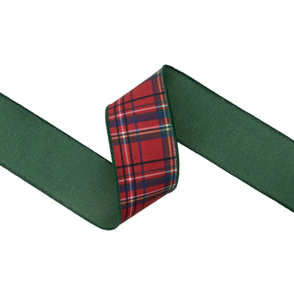 Red traditional plaid wired dupioni ribbon, durable fabric with green reverse for seasonal home decor