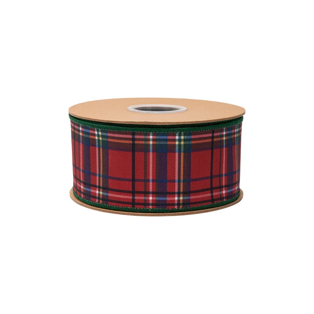 Red tartan wired dupioni ribbon, classic plaid pattern with solid green reverse for Christmas decor
