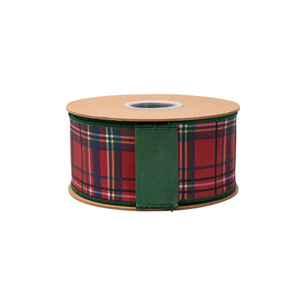 Traditional red plaid wired ribbon, dupioni texture, with rich green backing for festive crafts