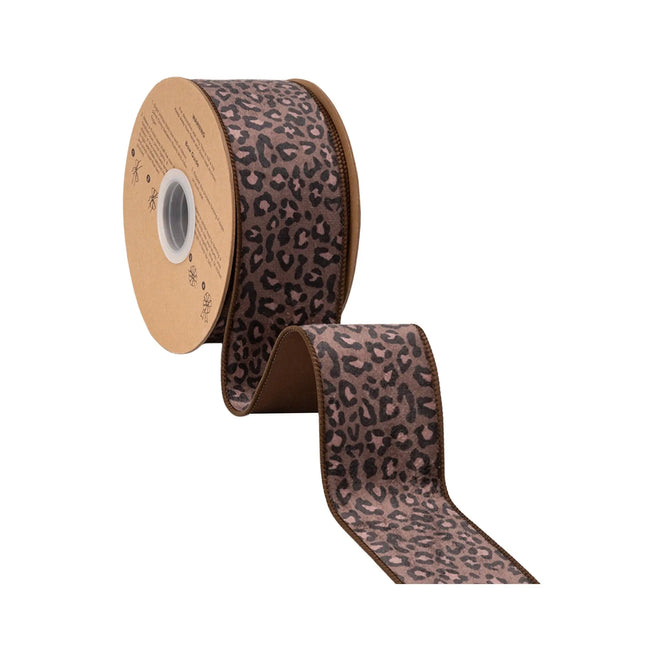 Brown leopard print wired ribbon, featuring classic animal pattern with solid brown reverse
