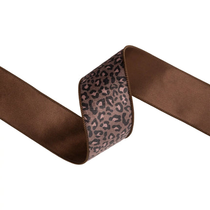 2 1/2" animal print wired ribbon, soft brown base with black leopard spots and brown backing