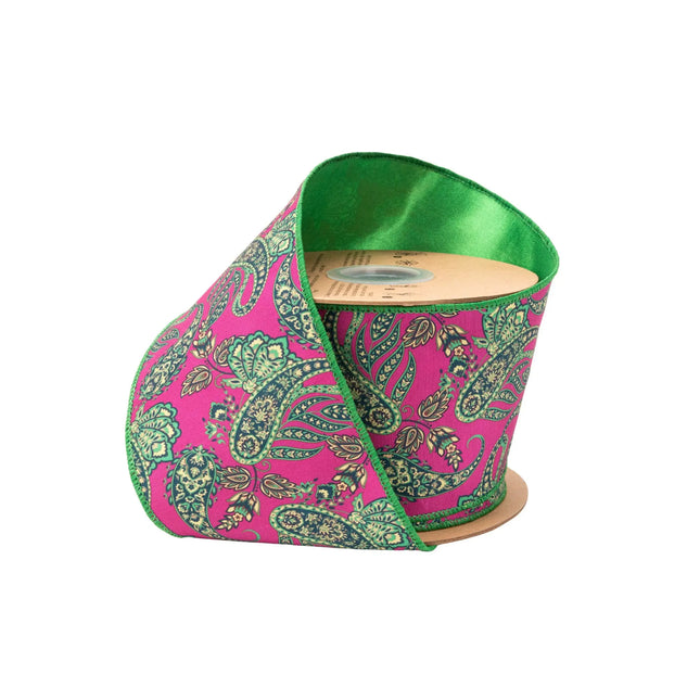 4" wired dupioni ribbon, preppy greenâ€‘gold paisley print on hot pink with satin green backing
