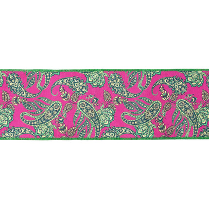 Eye‑catching decorative ribbon, dupioni fabric featuring ornate paisley print and premium green satin backing