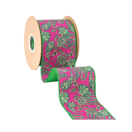 Bohemian floral paisley wired ribbon, bold hot pink background and smooth solid green satin backing