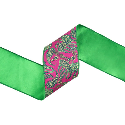 wired dupioni ribbon with preppy paisley design, vivid hot pink tone and shiny green satin backing for wreaths