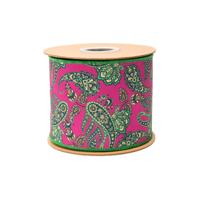 Hot pink wired ribbon with elegant intricate paisley pattern,glossy green satin reverse side