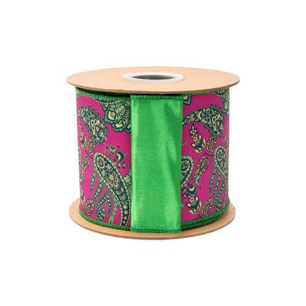 4" stylish paisley dupioni ribbon, decorative preppy motif on bright pink base with satin green backing