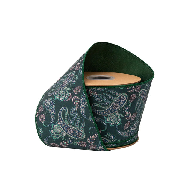 4" wired dupioni ribbon, earthy green paisley pattern with solid green backing for elegant decor and crafts