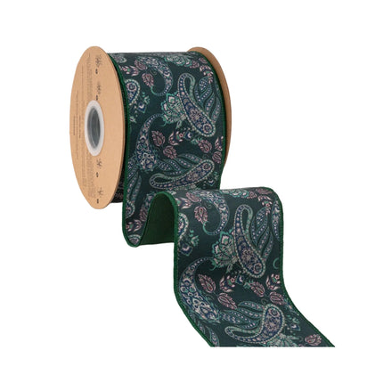 Earthtone paisley dupioni ribbon, wired edge with intricate green floral design for bows and wreaths