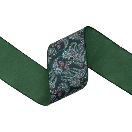 4" wired dupioni paisley ribbon, earthy color palette with solid green backing for seasonal home decor