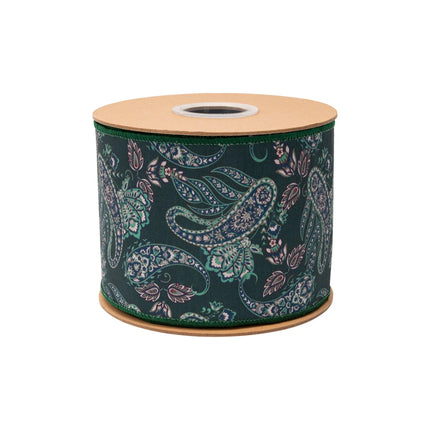 Green paisley wired dupioni ribbon,  featuring earthtone floral print with rich green reverse