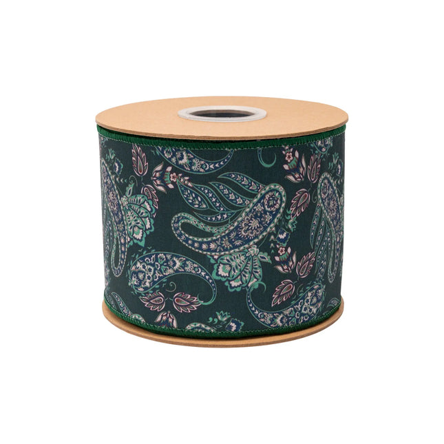 Green paisley wired dupioni ribbon,  featuring earthtone floral print with rich green reverse