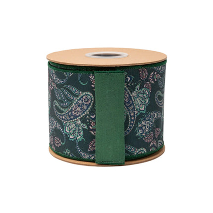 4" paisley wired ribbon, dupioni texture, earthy green and blue tones with matching green backing