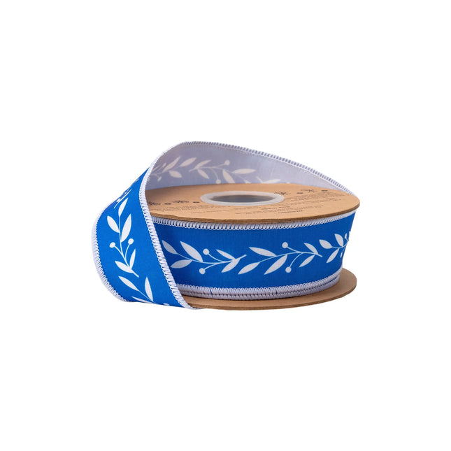 1 1/2" wired dupioni ribbon, white vine pattern on bright blue with white backing for fresh crafts and decor