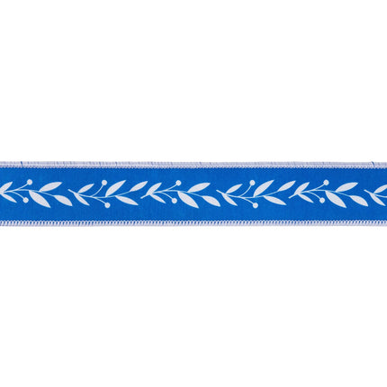 Blue dupioni ribbon with white botanical vine pattern, ideal for seasonal and everyday decor