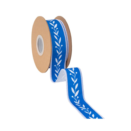 Bright blue wired ribbon with white leaf vine design,  perfect for wreaths and party decorations