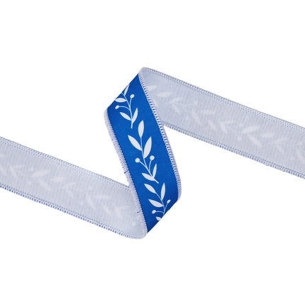 White vine print dupioni ribbon, blue base with white backing for elegant bows and crafts