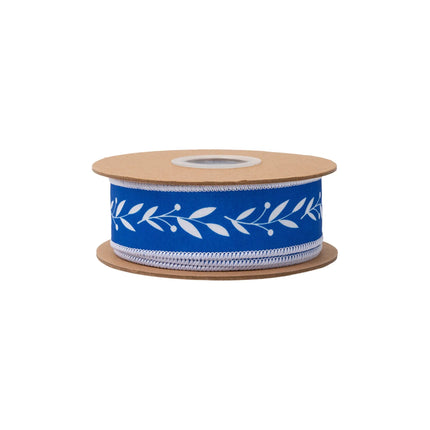Blue and white leaf vine wired ribbon,featuring delicate white botanical print and white reverse