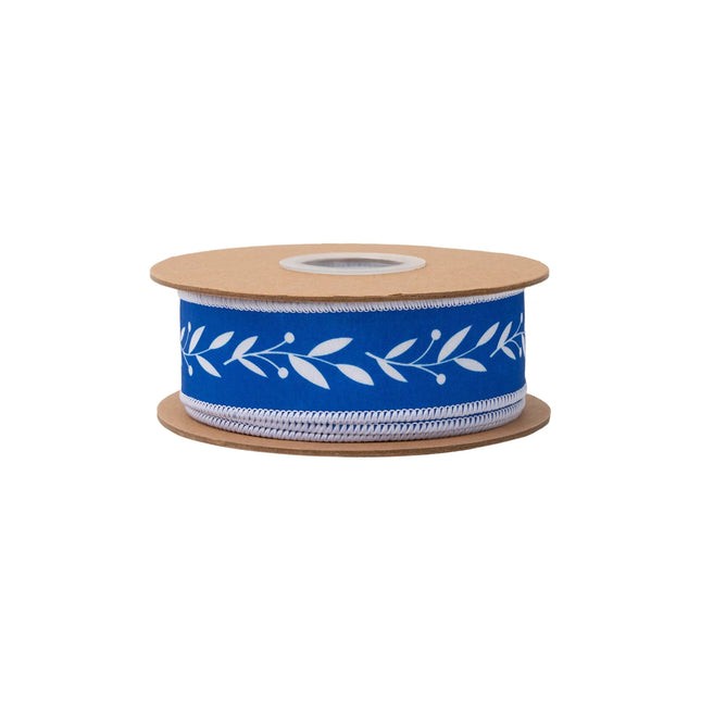 Blue and white leaf vine wired ribbon,featuring delicate white botanical print and white reverse
