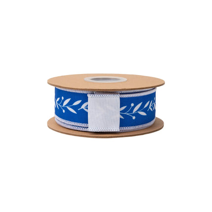 1 1/2" wired dupioni ribbon, white vine on blue background with matching white backing for gift wrapping