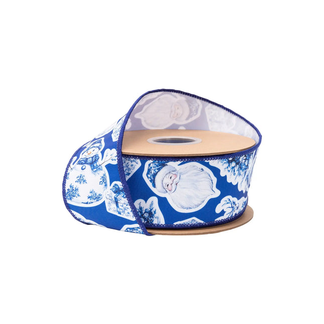2 1/2" wired dupioni ribbon, blue background with white Christmas icons (Santa, snowman) and white backing