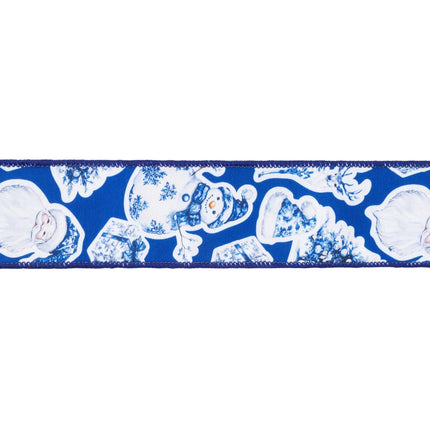 2 1/2" wired ribbon with blue background and white Christmas characters, dupioni texture with white reverse