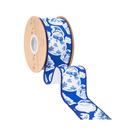 Blue holiday wired ribbon with white Santa and snowman motifs, perfect for wreaths and gift wrapping