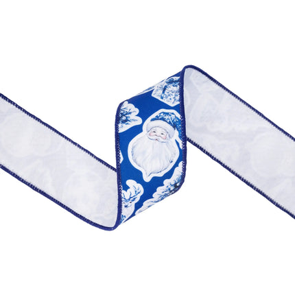 Christmas-themed dupioni ribbon, blue with white holiday icons and solid white backing for crafts
