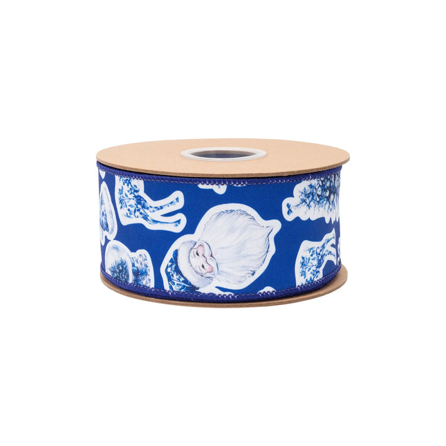 Blue and white Christmas wired ribbon, featuring Santa, snowman and gift prints with white reverse