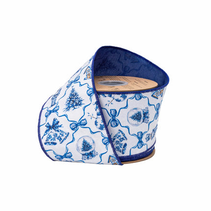 4" wired dupioni ribbon, white base with blue Christmas icons and bows, solid blue backing for holiday decor