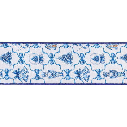 Blue-backed white Christmas ribbon, featuring blue bows, snow globes and trees for winter decor