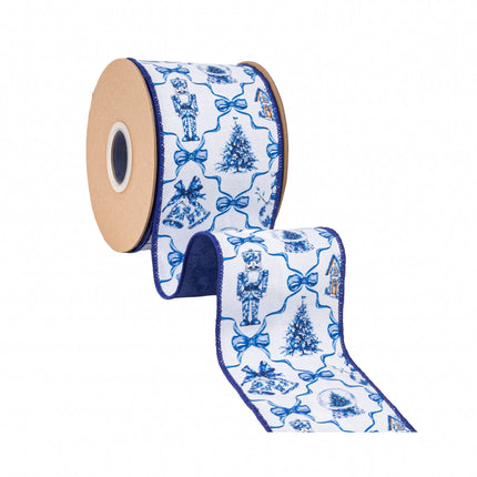 White wired ribbon with blue Christmas motifs, tree and bell designs for festive crafts