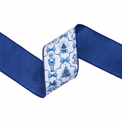 4-inch wired dupioni ribbon, blue and white Christmas icons and bows with blue backing for wreaths and gifts