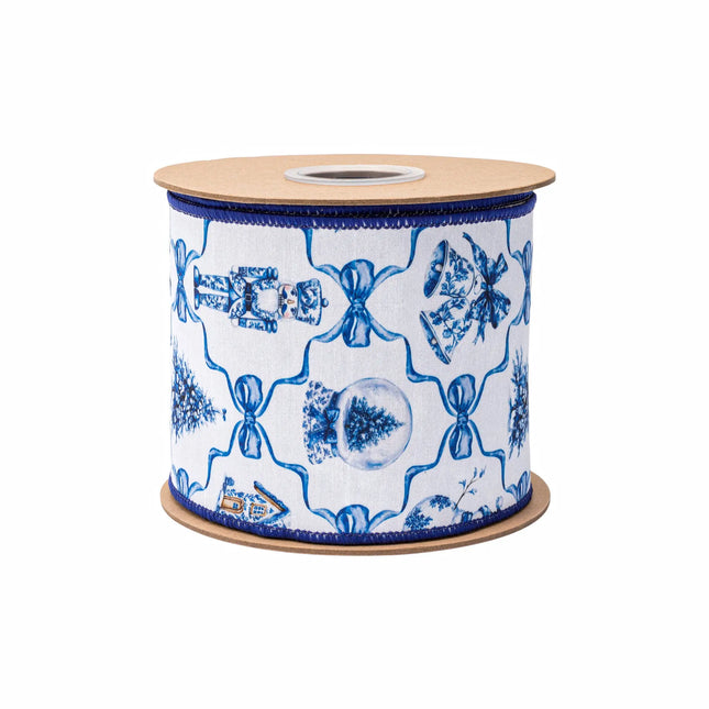 Blue and white Christmas wired ribbon, featuring snow globes, trees and bow prints with blue reverse