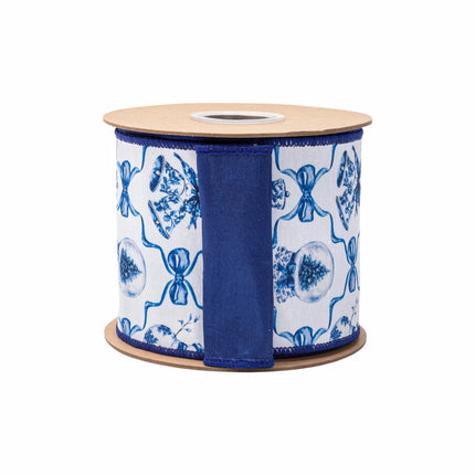 4" holiday-themed dupioni ribbon, blue Christmas icons and bows on white with matching blue backing