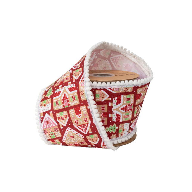 4" wired dupioni ribbon, red base with gingerbread house print, white pom-pom trim and white backing