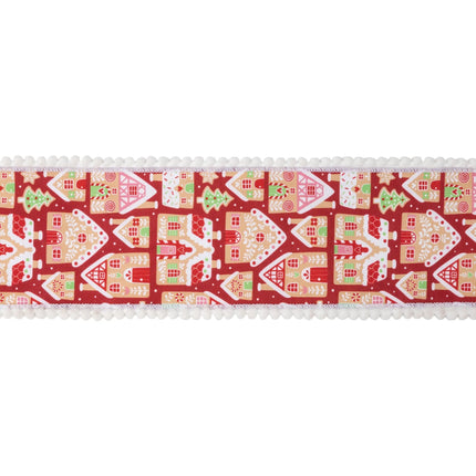 Festive gingerbread house ribbon, red with pom-pom trim and white backing for winter home decor