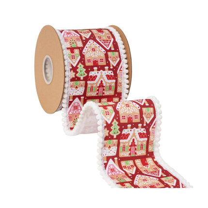 Christmas gingerbread house ribbon,  red background with white pom pom trim and solid white backing