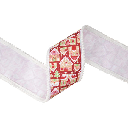 Red wired dupioni ribbon with gingerbread house print, pom-pom edges and white backing for gift wrapping