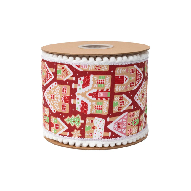 Red gingerbread house wired ribbon, festive holiday pattern with white pom pom edges and white reverse