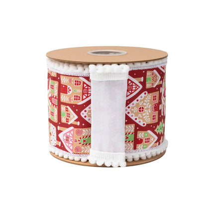 4" wired dupioni ribbon with gingerbread houses on red, pom-pom trim and white backing for wreaths 