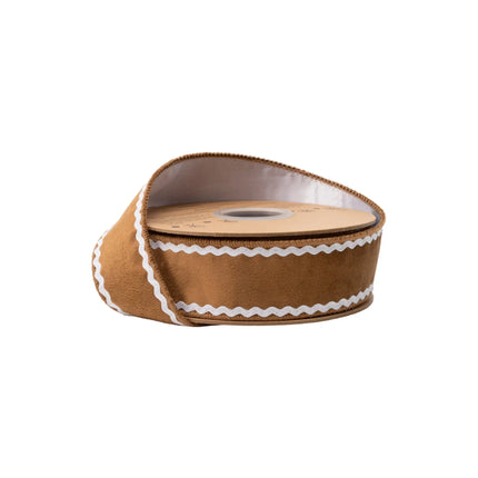 1 1/2" wired gingerbread velvet ribbon with white backing, ideal for holiday wreaths.