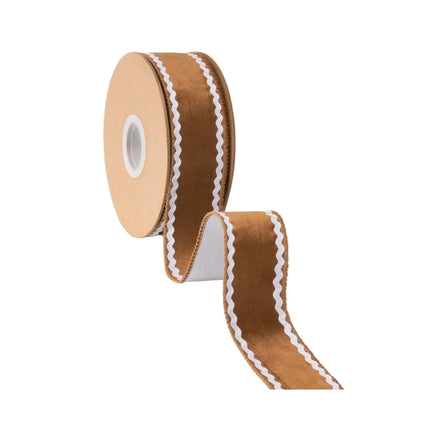 Soft gingerbread velvet ribbon with white backing, suited for festive home accents.