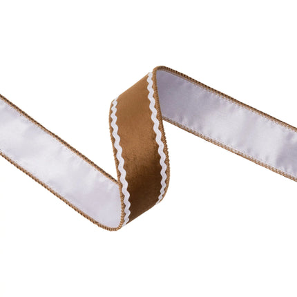 1.5-inch wired velvet ribbon with gingerbread color and white backing, ideal for rustic decor.