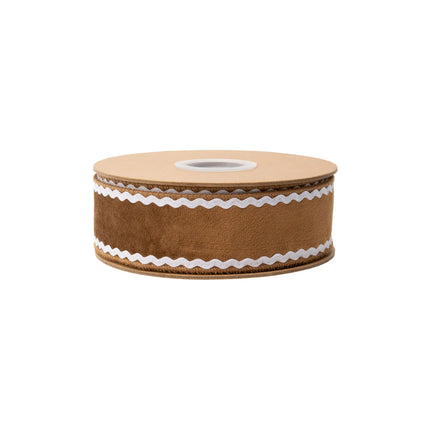 Gingerbread velvet wired ribbon, 1.5-inch width with white backing, perfect for Christmas crafts.